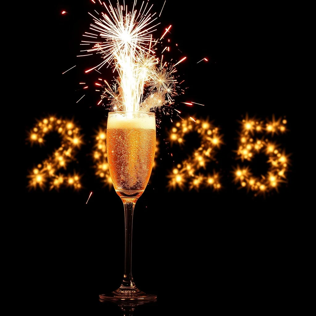 Surreal champagne glass bursting with fireworks, concept art, minimalism, dark background, brilliant firework exploding, double exposure text "2025" in sparkling block letters in the background