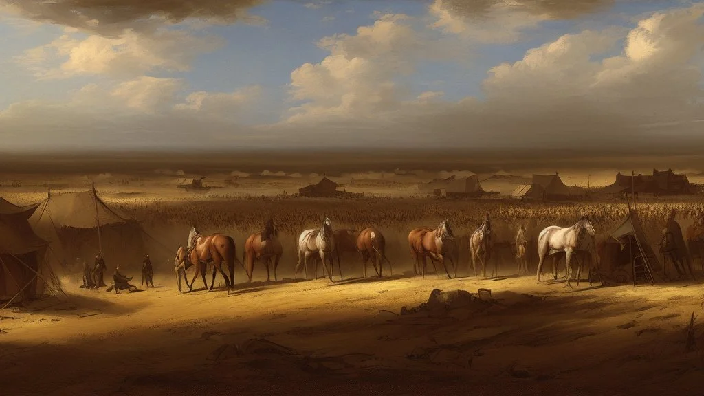 large encampment of men and horses on the plain