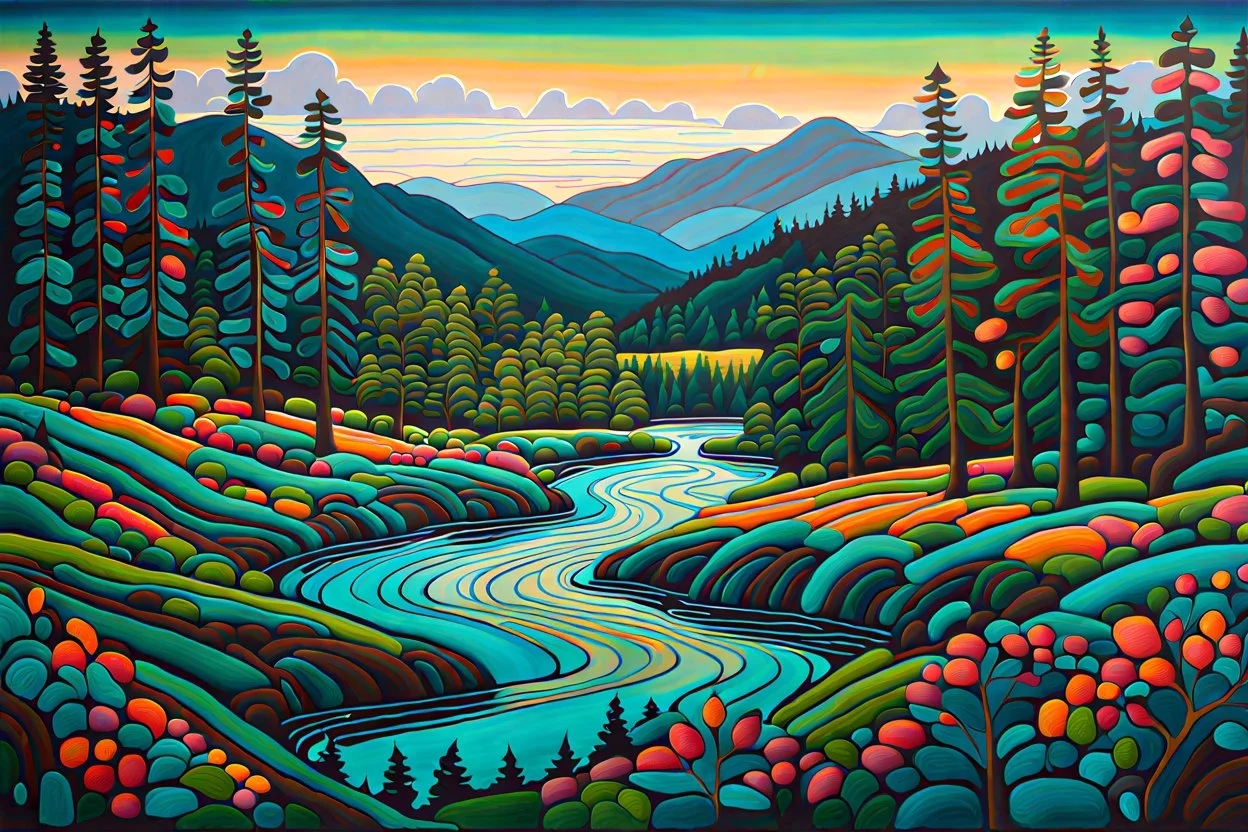 a dramatic, highly detailed painting of a lush Pacific Northwest forested river valley landscape in the pale light of dawn, in the style of Norval Morrisseau , vibrant natural colors, museum quality masterpiece