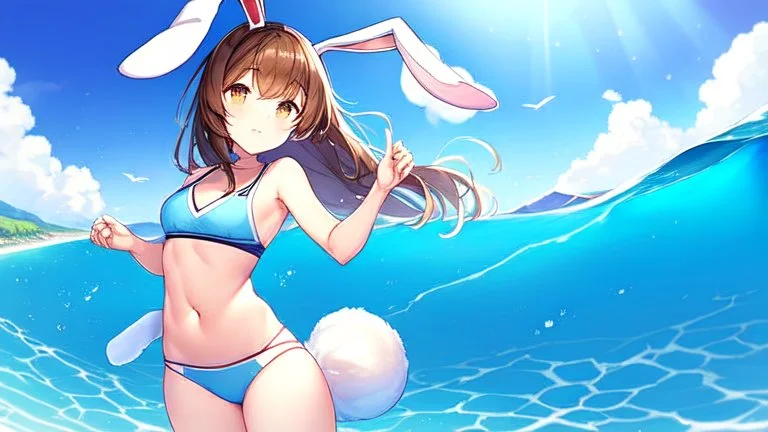 Girl, rabbit ears , rabbit tail, brown hair, open navel, sea and mountain, morning.