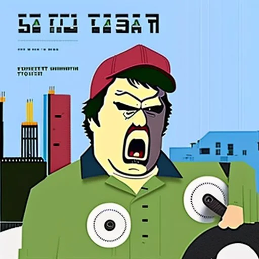 very angry working factory man, south park style, art deco cd cover, KEBAB BROTHERS text logo on top