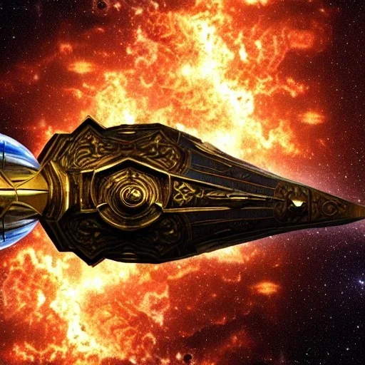 battle-damaged ornate starship made of brass and magma, in space