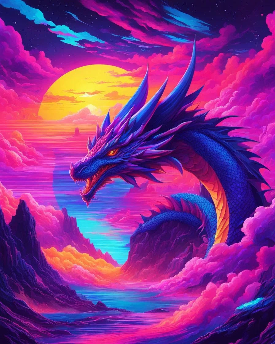 Dragon in a vibrant synthwave dreamscape, neon chaos swirling energetically around pixelated forms, a dynamic fusion of retro gaming nostalgia and futuristic abstraction