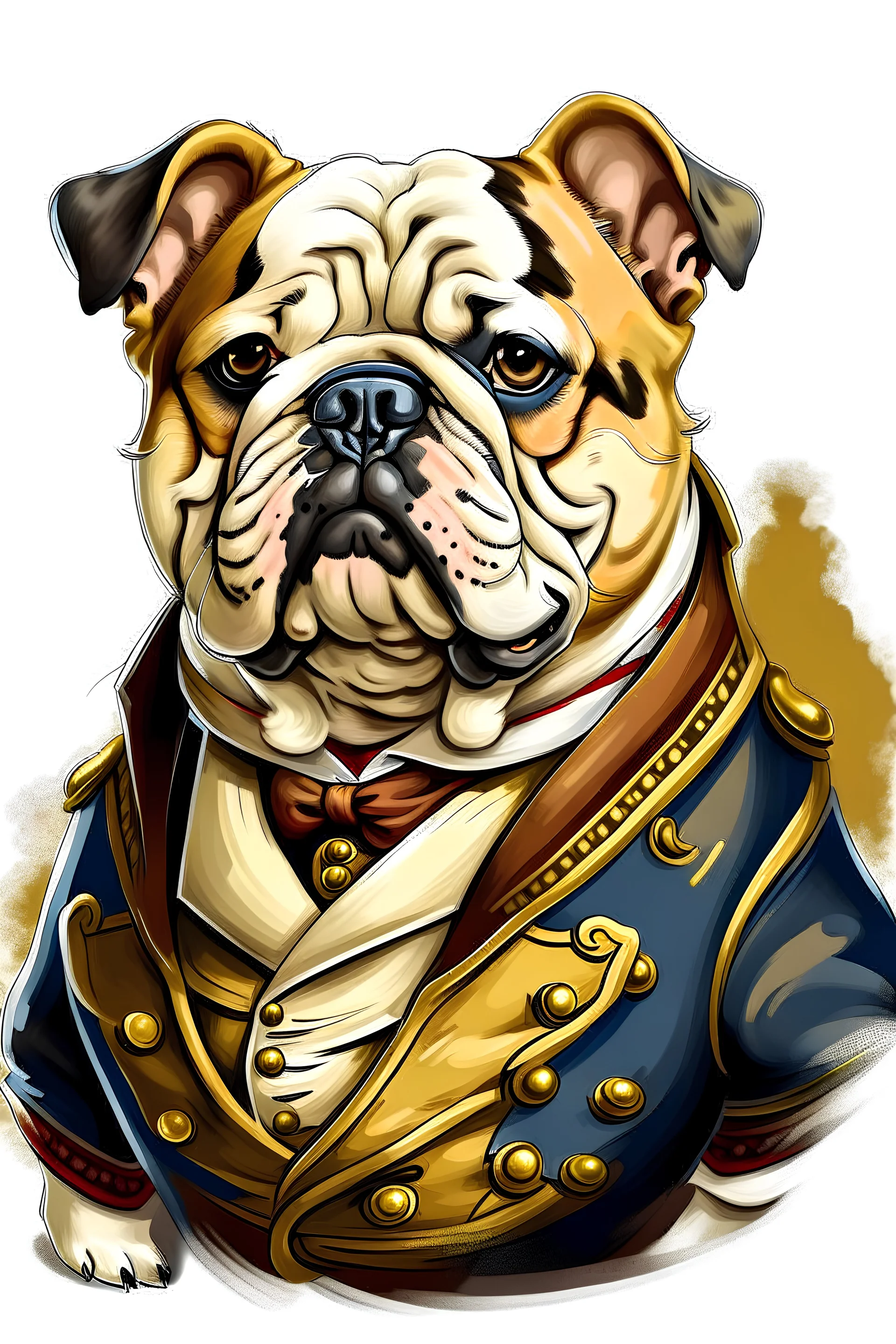 Cartoon side image (emoji) of a beautiful bulldog wearing a jacket , drawn by Auguste Renoir