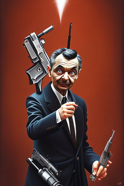 mr bean as the mafia godfather, holding tommygun, 4k, trending art, weird perspective, realism, spray paint, detailed