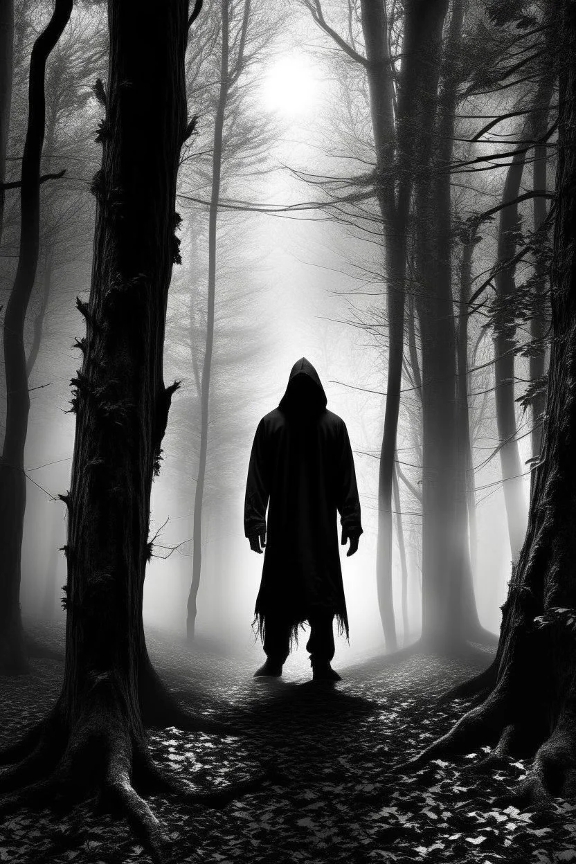 magical too much trees in big forest dark white and black fairy magic a shadow of hooded man from a distance standing