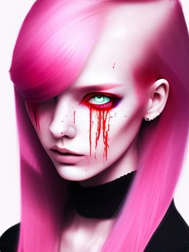 girl angry, beautiful, cute, bloody, pink hair, black sweater