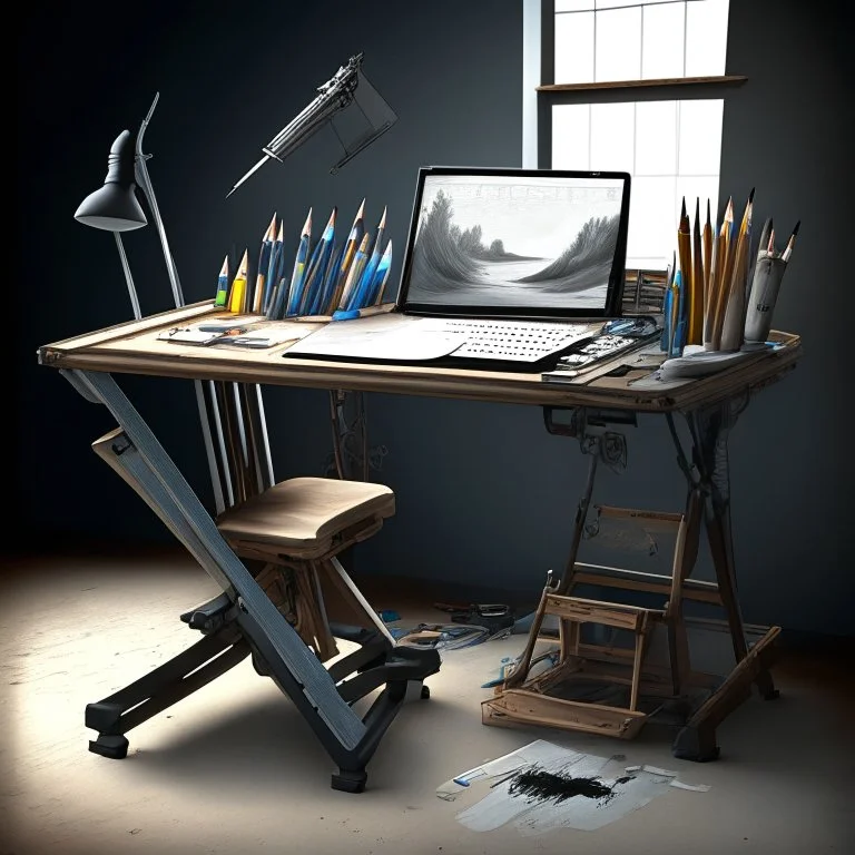 Drawing desk in a realistic art studio. Photo realistic