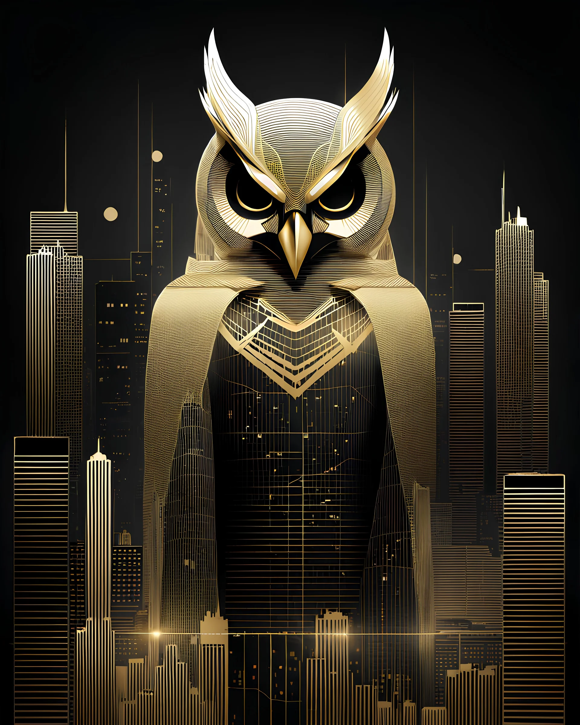 Owlman linear gráfica, proporción Aurea, black and white color fondo ciudad