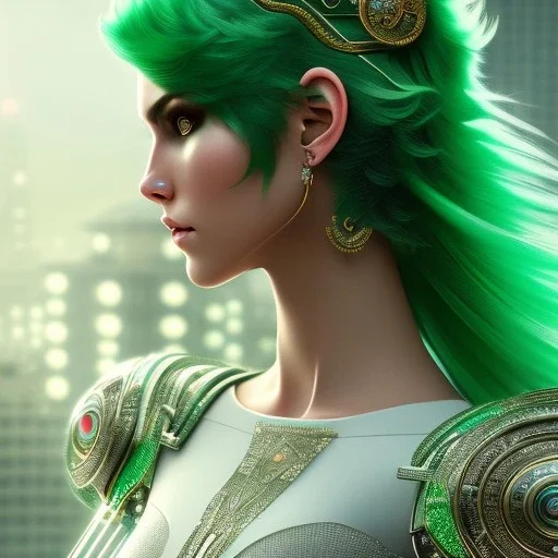 Cyborg warrior, light green hair, pixie hairstyle, cobalt eyes, waist up portrait, 8k resolution, intricate details, ornate details, soft lighting, vibrant colors, masterpiece, intricate eyeliner, dark eyeshadow, eyes, intricate tattoos, futuristic cityscape background