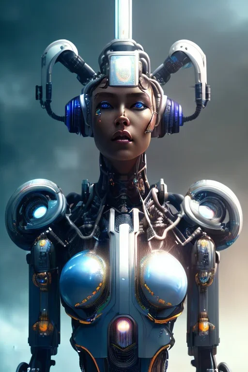 portrait,beautiful african robot, post-apocalyptic in a cyberpunk city, realistic, intriacte detail, sci-fi fantasy style, volumetric lighting, particales,highly detailed,cinamatic, deep