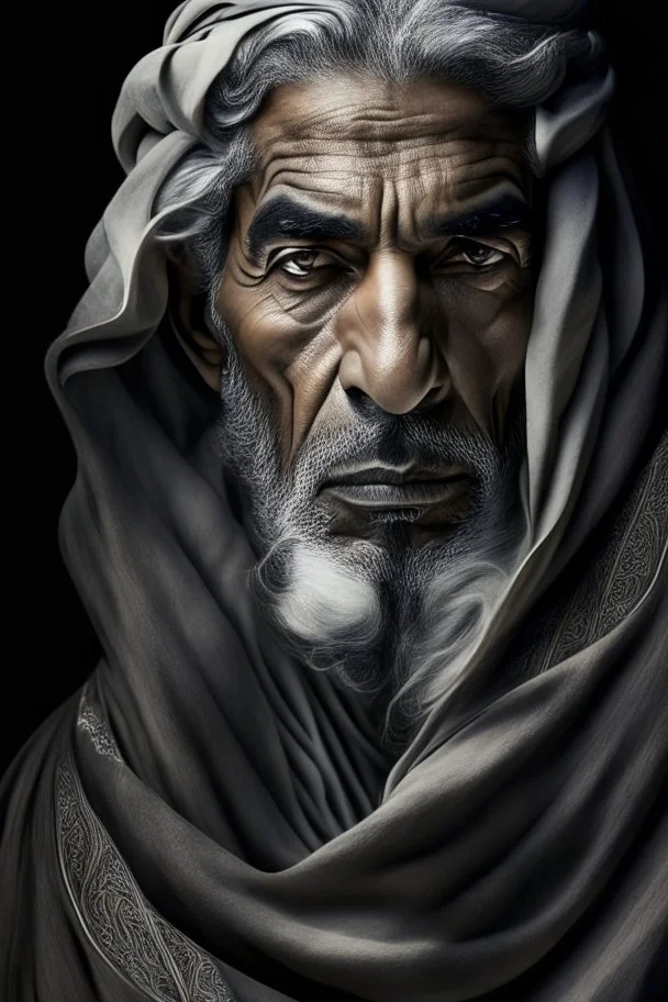 a photo of an Arabian man with ethnic jewelry, grey hair and grey flowing robe, in style of Annie Leibovitz, contemporary portrait of a mature yet beautiful and modernist man, black and grey, detailed masculine face, swirling fluid smokey enigma, award-winning artwork