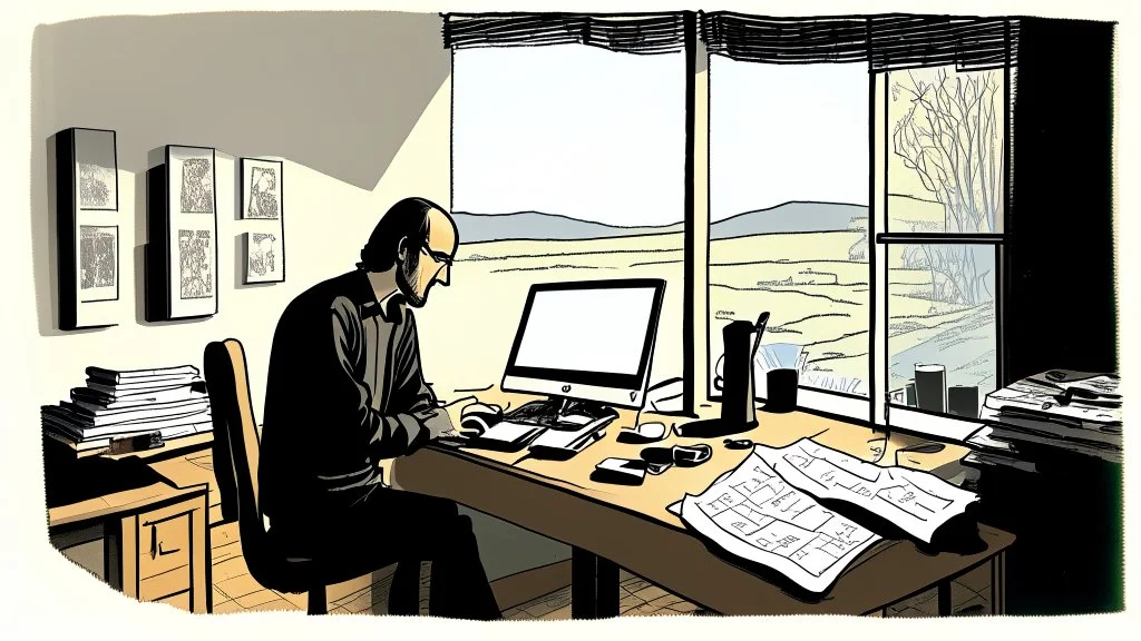 الصورة تعرض ستيف جوبز وهو جالس في مكتبه الخاص، وراءه نافذة تطل على مناظر طبيعية هادئة. يظهر جوبز وهو يرتدي ثوبًا بسيطًا ويتلقى مكالمة هاتفية بينما يعمل على جهاز كمبيوتر محمول. يتسم وجهه بتعابير التفكير العميق والابتسامة الخفيفة، مما يشير إلى تركيزه الشديد وتفكيره الابتكاري. على مكتبه، يمكن رؤية مجموعة من المخططات والنماذج المصغرة لأجهزة تكنولوجية، مما يظهر اهتمامه بالتفاصيل والتصميم المميز. كما يمكن أن نلاحظ تواجد كتب وأدوات كتابة، مما يشير إلى تطلعه المستمر للمعرفة والابتكار. الإضاءة في الصور