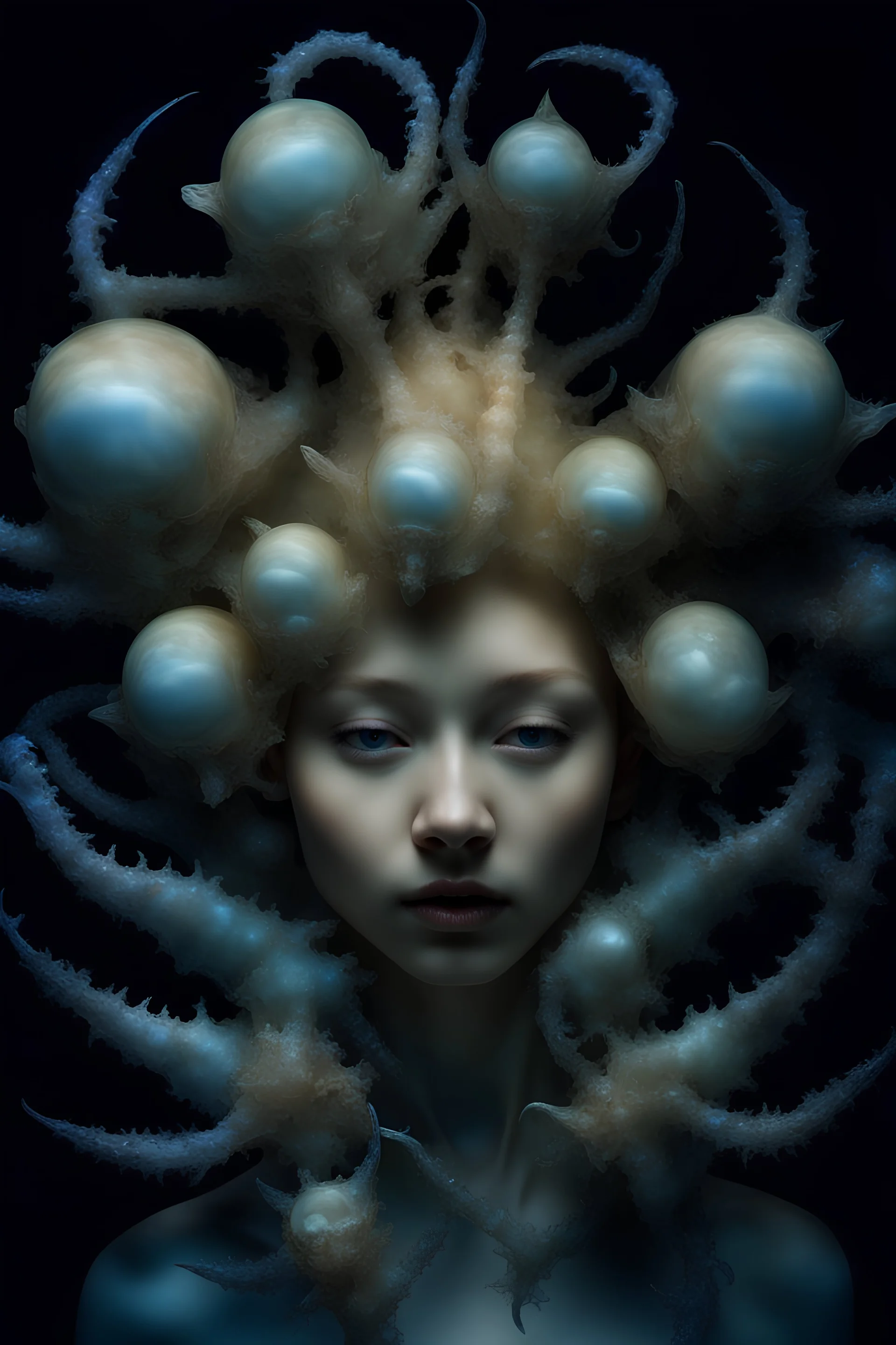 Surreal Photography: Hybrid Traslucent glossy skin Girl X Glaucus atlanticus, ironic smile, enveloping her head a mind-bending honey bulbous amorphic baby doll heads shaped reveals the inside, an enigma within an enigma, elbows of motherpearl Hybrid scorpion X anatomic bones isometric Mandelbrot/multiplied, Fur fluids morphing in a moon on her eyes. Mind-Bending, psychedelic photograph and hyper-surreal atmosphere, darkness and vulnerability, insane details. HDR. 8K