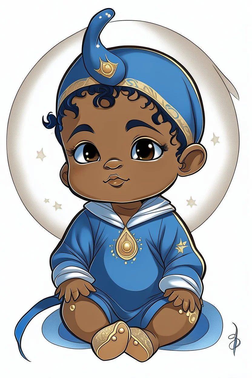 an anime style drawing of a black and asian baby boy. hes wearing blue medieval royal baby onesie. he is sun and moon themed. he is adorable and he has freckles.