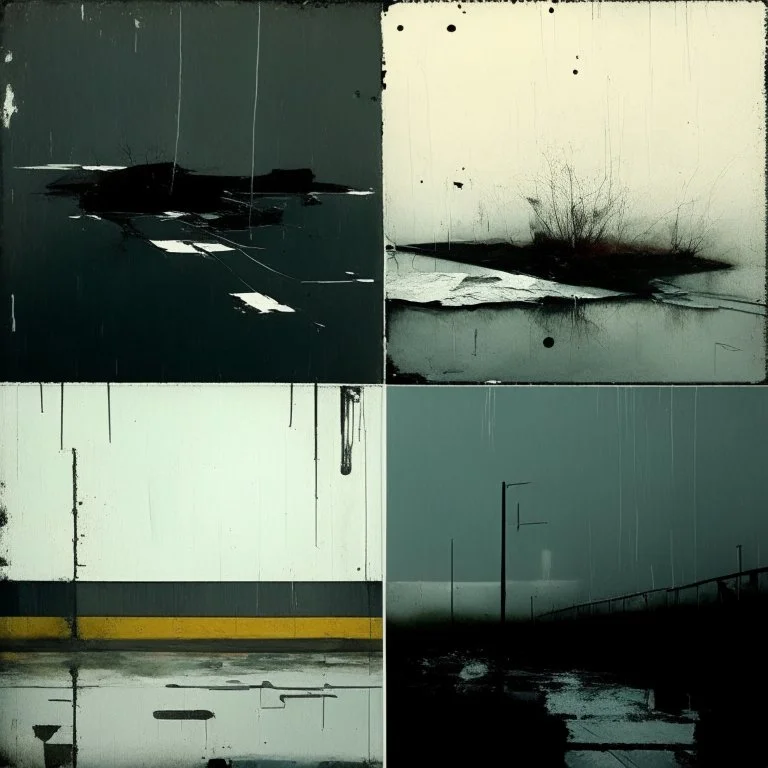 Minimal abstract oil paintings desolate 1960s carpark concrete fragments in a rain storm. style of Phil Hale , Ashley Wood. road markings.