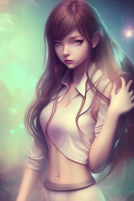 Realistic misterious Anime girl close and personal in warm abstract background