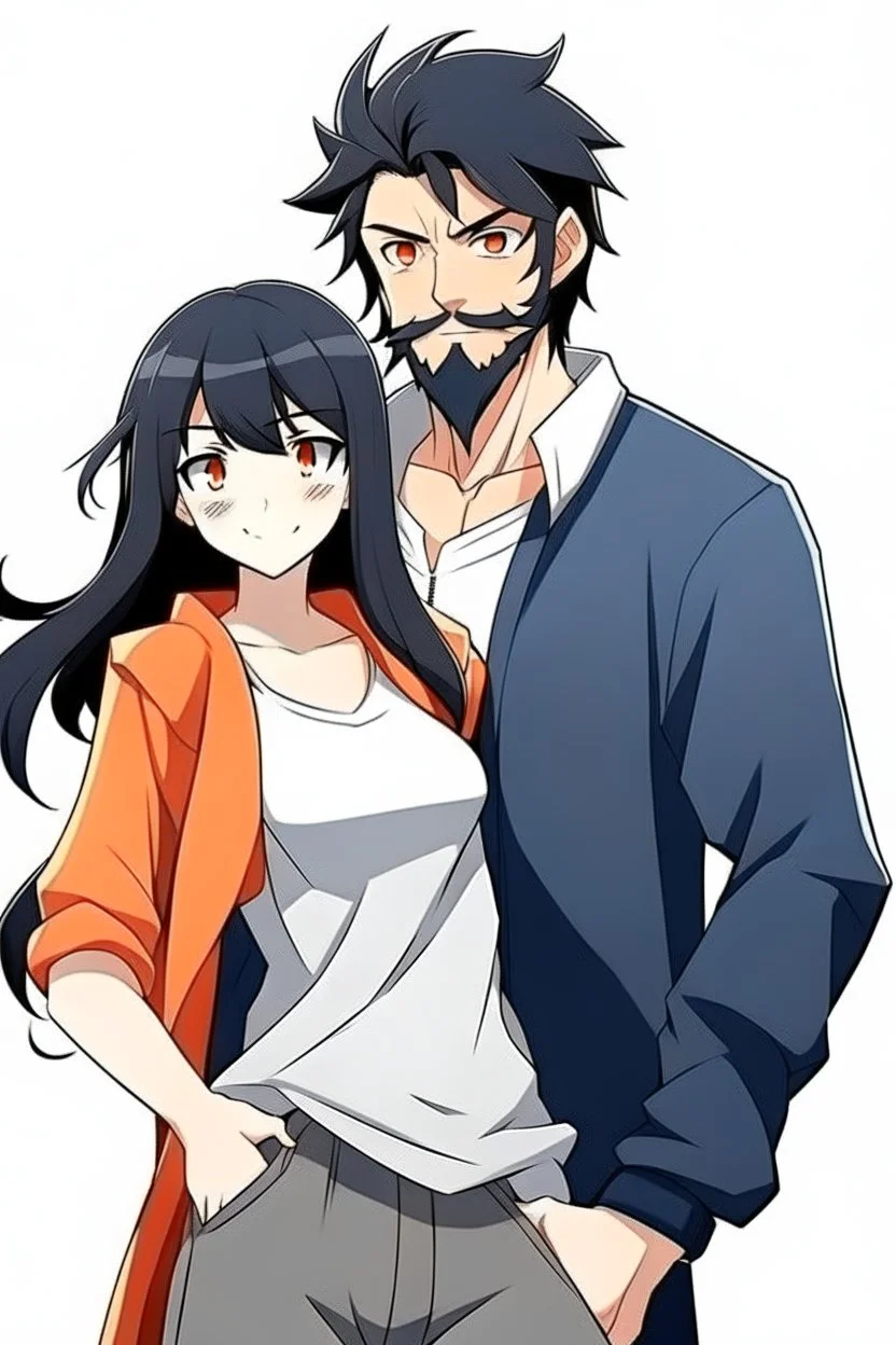 Anime man with beard, handsome and happy. Standing with Beautiful anime woman with black hair