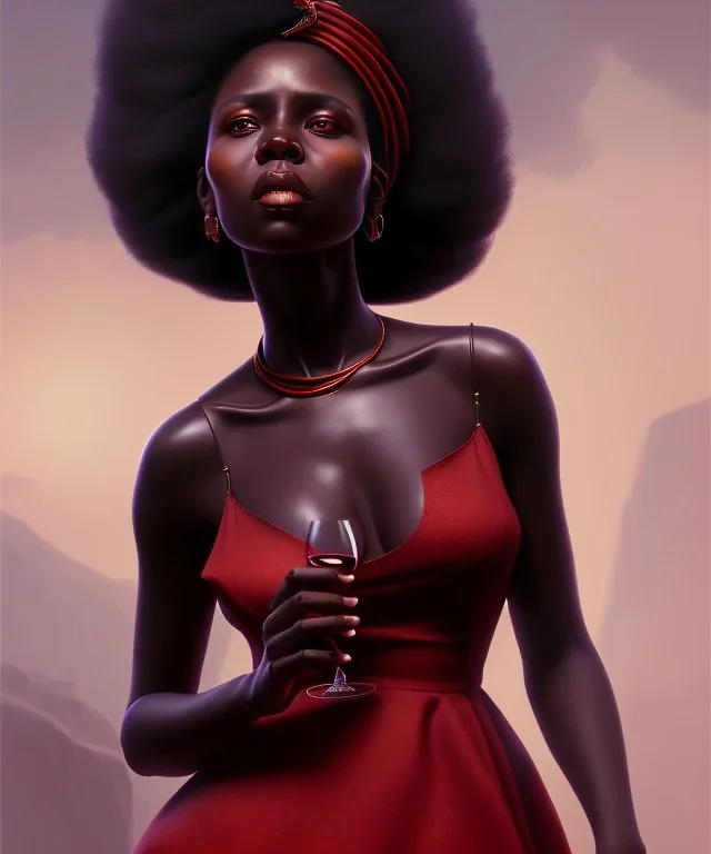 Negra Francisca, beautiful, curvy body, African slave, simple red fabric dress, beautiful long black hair, red headband, head and shoulders portrait, holding glass of wine, 8k resolution concept art portrait by Greg Rutkowski, Unreal Engine 5 volumetric lighting