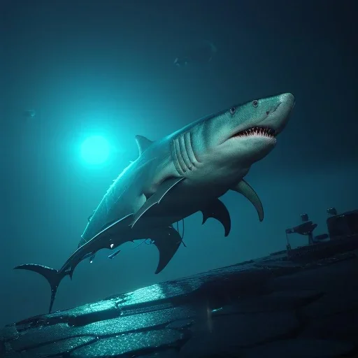 cyberpunk cyber shark deep water unreal 5, octane render, cinema4d, redshift render, hyper realistic, cenematic, vibrancy, synthwave, retouch, centered, dynamic lighting, dramatic lighting, 4k, highly detailed, attractive beautiful, realistic, virtual reality, epic composition, holographic,