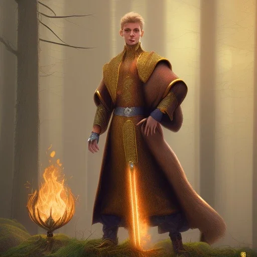 Male, Human, Blond, Sorcerer, Fire Mage, Golden Eyes, Young, Photorealism, Full Body Shot, Forest Background