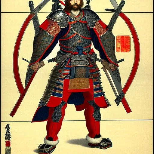 Ukiyo-e Style , Male Samuri in armour, full body