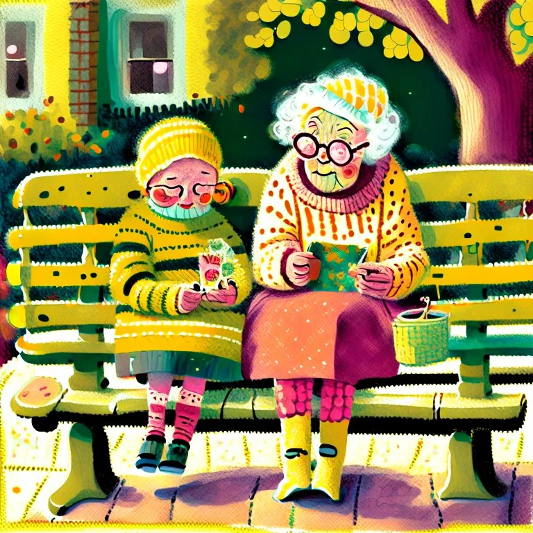 A whimsical painting of an 80-year-old grandmother knitting a yellow sweater on a bench in the boulevard, while next to her on the bench is a 5-year-old little girl knitting a small pink sweater, the grandmother with wild ginger hair and large green glasses, wearing a cozy mustard sweater and striped yellow tights. She sits on a bright yellow green bench, intently focused on her knitting needles and yarn. From around on the bench and on the floor, balls of yarn, a knitting basket and needles sur