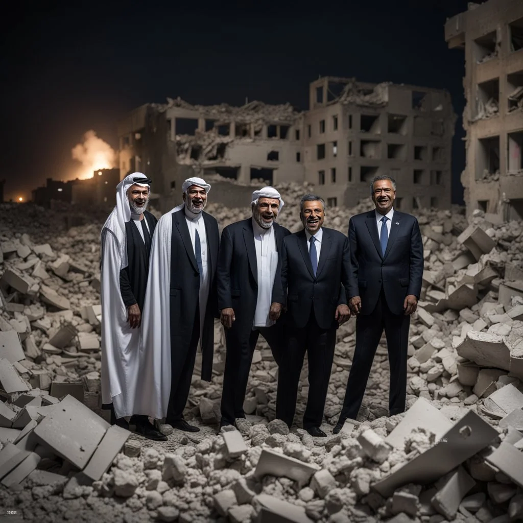 Hyper Realistic Arab countries leaders smiling devilish standing outside the rubble of a destroyed building in Gaza at night with Palestine...