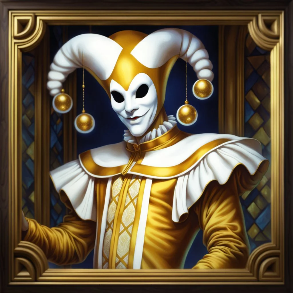 fantasy 90's tcg art of a male jester wearing a white mask and golden costume in mosaic room