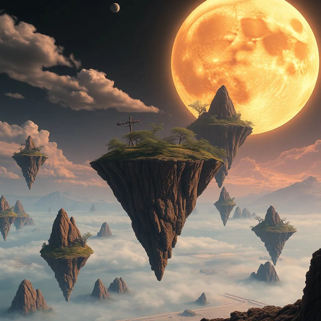 hyper realistic, A surreal landscape with floating islands and a giant, glowing moon, in the style of Hayao Miyazaki. HOF, full size, science, technology,future,electric ,futuristic style, design, practicality,manufacturability,performance, (((realism, realistic, realphoto, photography, portrait, , realistic, beautiful, elegant, charming, apocalyptic environment, professional photographer, captured with professional DSLR camera, trending on Artstation, 64k, ultra detailed, ultra accurate detaile