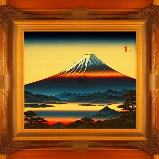 Ukiyo-e painting of a mount fuji at sunset