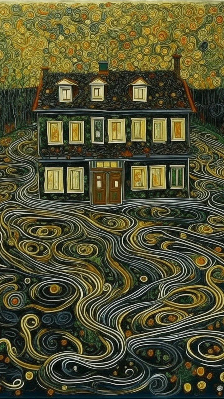 A black mansion with twisted mazes in orphism art style painted by Gustav Klimt