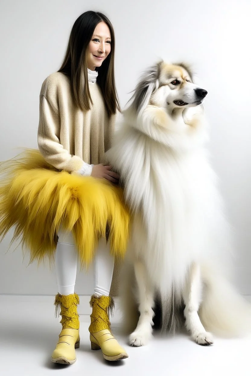 Giant white dog in a feather dress, next to a girl in a yellow sweater, a gray skirt, white stockings and black shoes, both facing the front in the photo. white background, 16K, real photography, portrait., like in Alice in wonderland