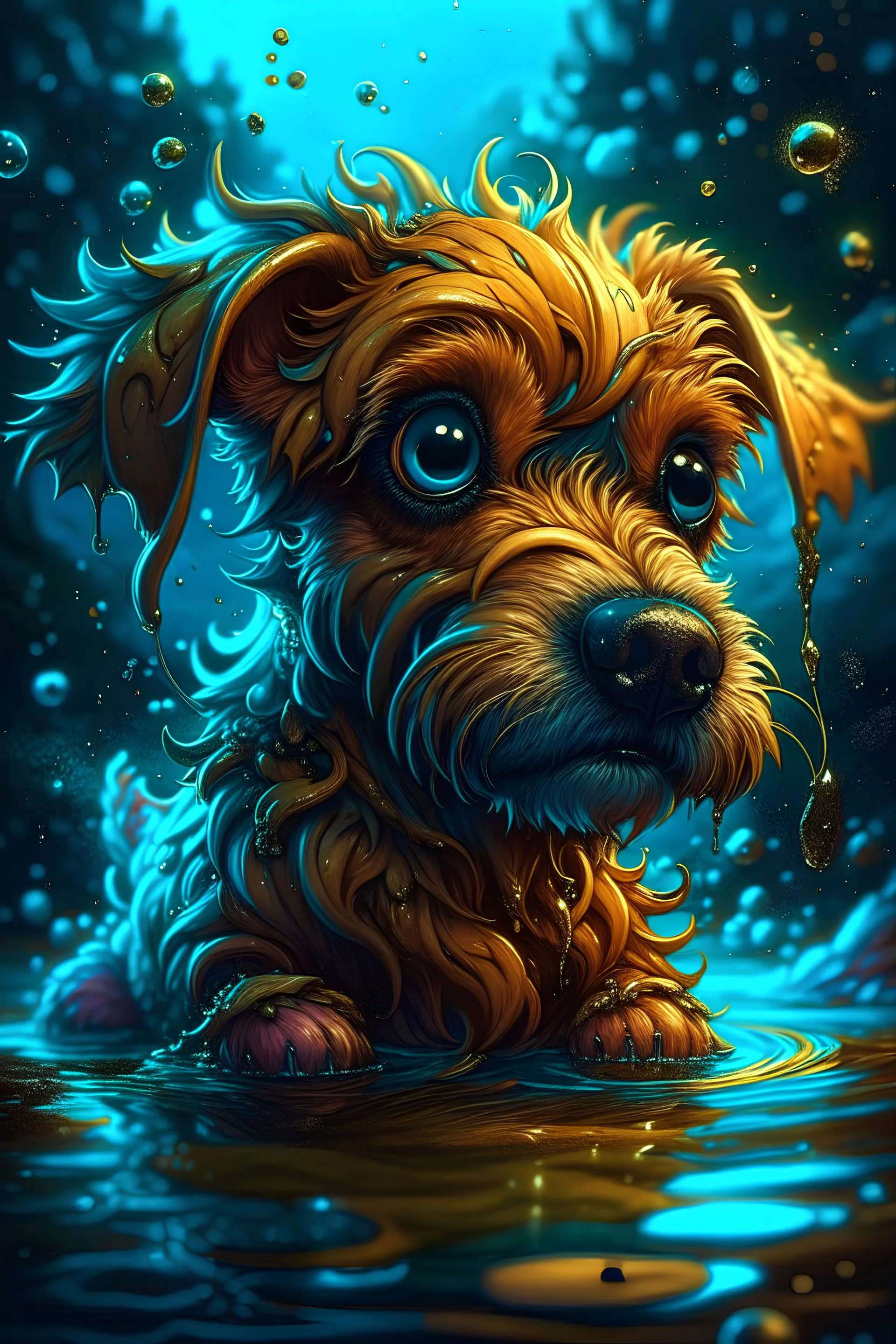 stunning image of a cute adorable tired looking wacky dog, moody, grainy, noisy, concept art, by Alberto Seveso, Cyril Rolando, Dan Mumford, Meaningful Visual Art, Detailed Painting, Digital Illustration, Unreal Engine 5, 32k maximalist, hyperdetailed fantasy art, 3d digital art, sharp focus, masterpiece, fine art