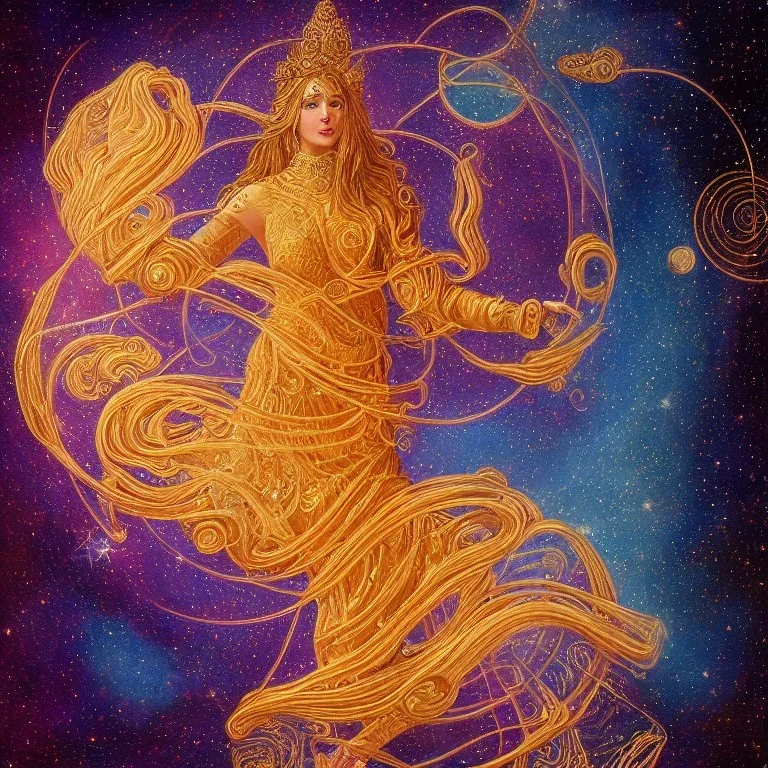 a highly detailed painting of the Goddess of the Cosmos, floating through the stars and space, intricate detail, symmetrical, golden ratio, full of wonder, high resolution, 4 k resolution, 8 k resolution, brocade