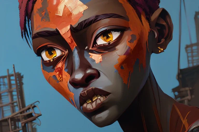 an abstract painting of rusted metal and flowers, african portrait, rust, scaffolding, iron cladding, decay, mixed media, textured, anatomically correct, beautiful perfect face, sharp focus, highly detailed,new york slums, apartment building ,rundown, realistic, unity engine, bloom,cinematic lighting,blue tone, octane render,