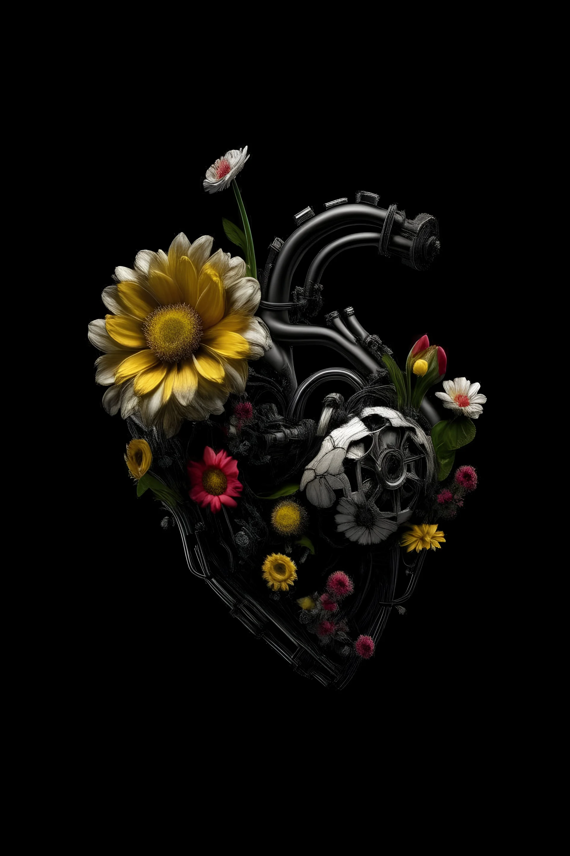 Flowers growing through human mechanic heart contemporary art, not so perfect, black