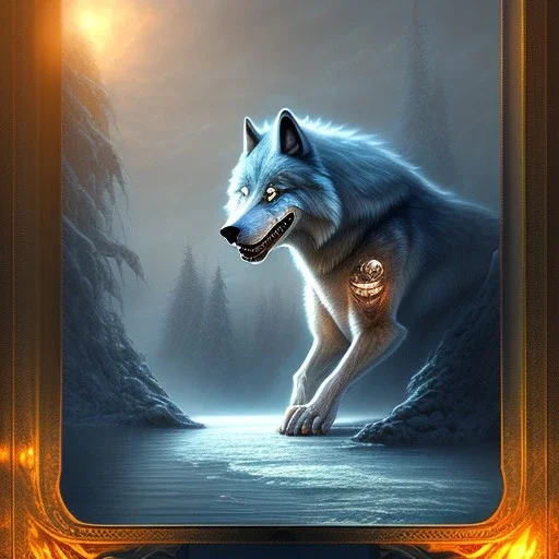 fantasy art, book cover, big mad wizard in front of the ebony stairs, a bridge or dam ,icy water, on the bridge is a big hairy mad wolf