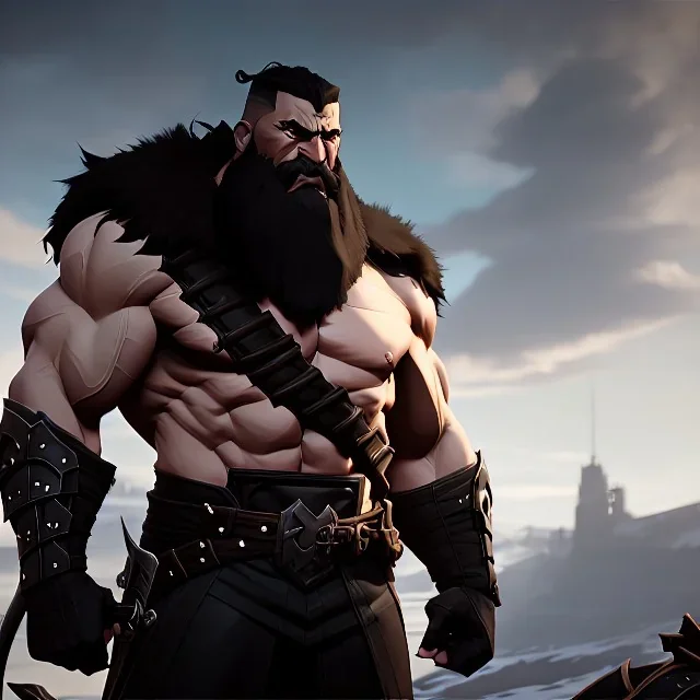 large muscular barbarion, heavy build, wearing fur pants, black fur boots, thick belt, long beard, shaved head, battle worn, stoic, large axe, wide open blue eyes, eyes are both in proportion, 3/4 look, standing, dark cobblestone alley, bright fire behind, intense, non-photorealistic rendering in the art style of j.scott campbell