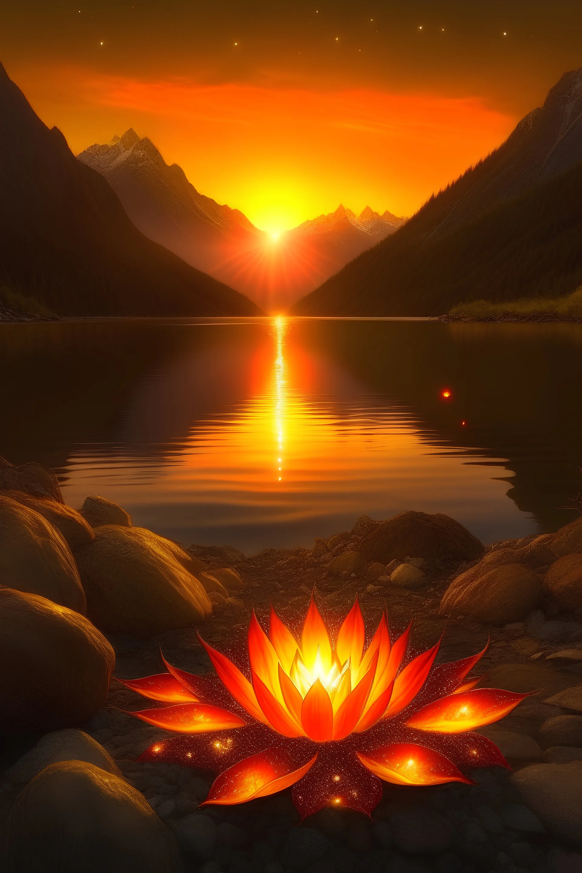 Chamanisme Water, air, little light fire on earth, Real swiss mountain, ocean landscape, fire heart nice lotus flour, Joy happiness, hyper real, sunset on mountain, sirius star