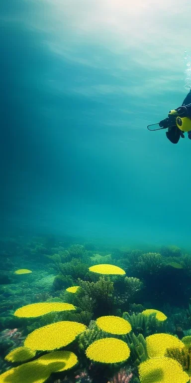 Fenasi Kerim underwater with yellow flowers for hair, closed eyes, rtx, reflection, 8k, glow, winning photography, caustics