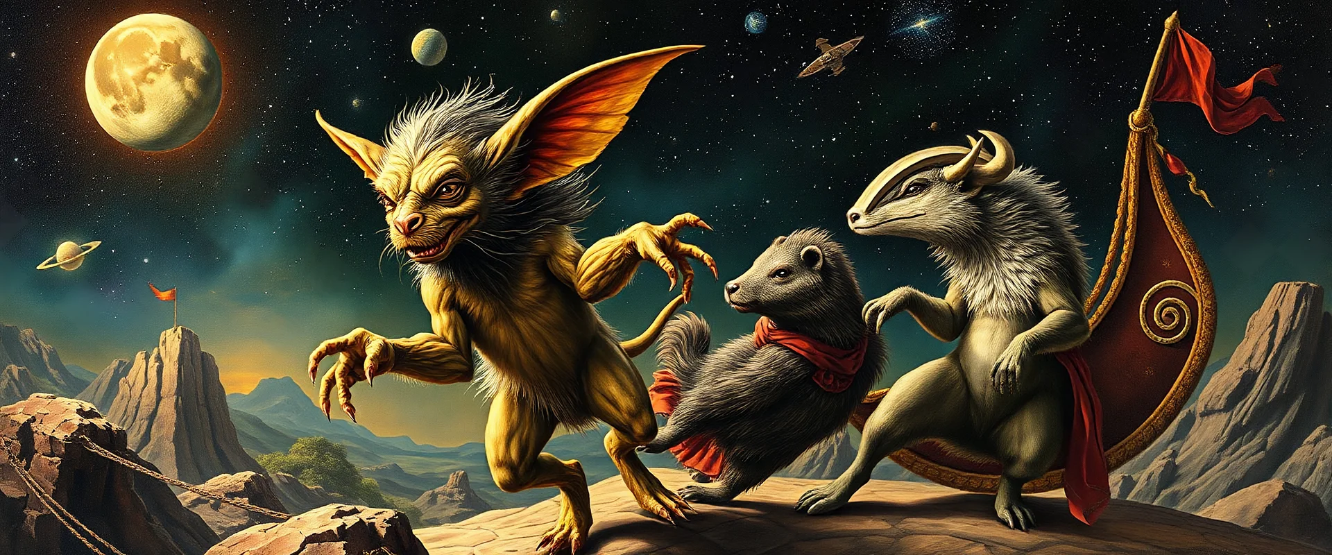 gremlin dog bison badger star ship bridge captain dancing in the style of Rembrandt and Escher and Goa Trance Poster