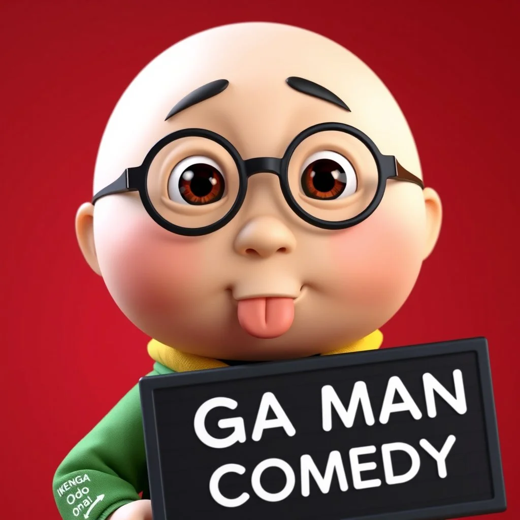 A 3D animated character with a round face, prominent eyes, and a small, protruding tongue. He is wearing glasses, a green jacket with a yellow collar, and a badge on his jacket that reads 'IKENGA Obodo Oma!'. He holds a black signboard with white text that reads 'OGA MAN COMEDY'. The character is positioned against a red background.