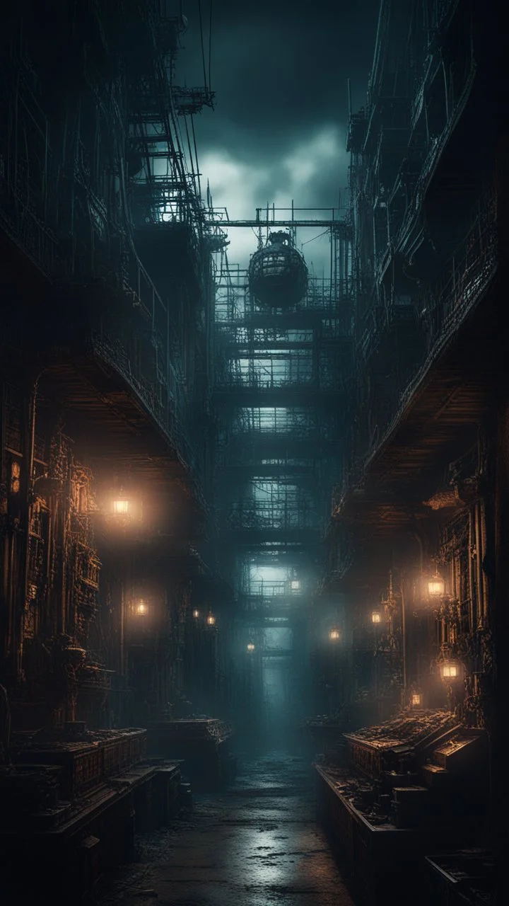 Si-Fi, The Island of Dr. Moreau atmospheric lighting effects, intricate industrial details, moody atmosphere, eerie grimdark ambiance, complex motherboard accents, speculative fiction art. Bokeh