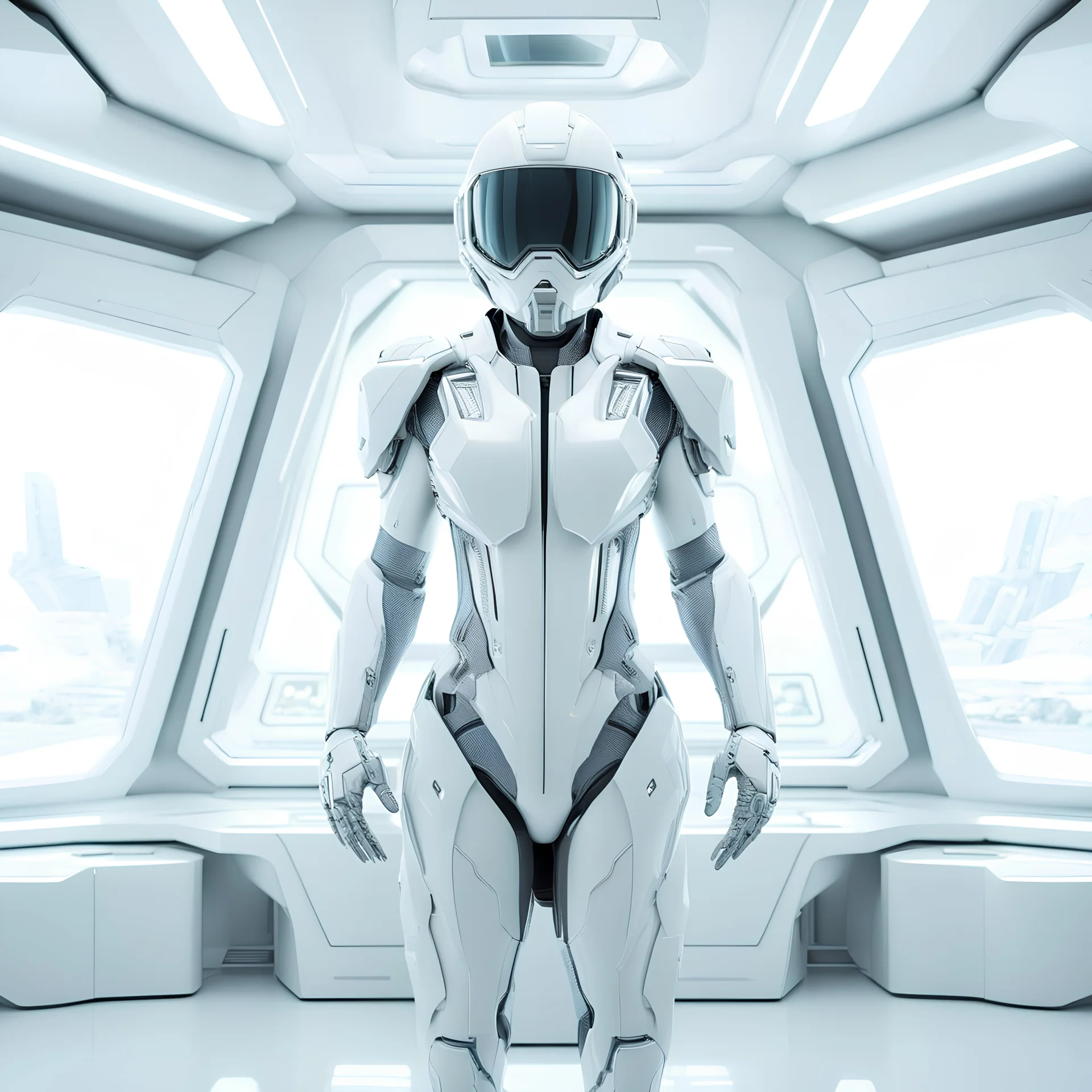 Hyper realistic glossy cyborg cybernetic pilot inside a white and grey futuristic spaceship surrounded by white glossy minimalist walls control panels in the white background in the style of Laura Greenan, white color scheme in the style of 3D, octane render, 8k, ray-tracing, blender, hyper-detailed