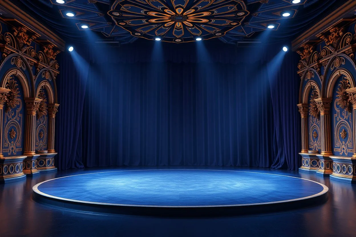image of a Royal stage with 3d fractal base decoration with large dance area in dark blue teme