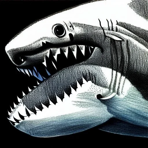 Epic Drawing of Photorealistic dramatic hyperrealistic Great White Shark, underwater, daylight ,ultra realistic,with scars, By Caravaggio, By Rafel ,By michelangelo 8k