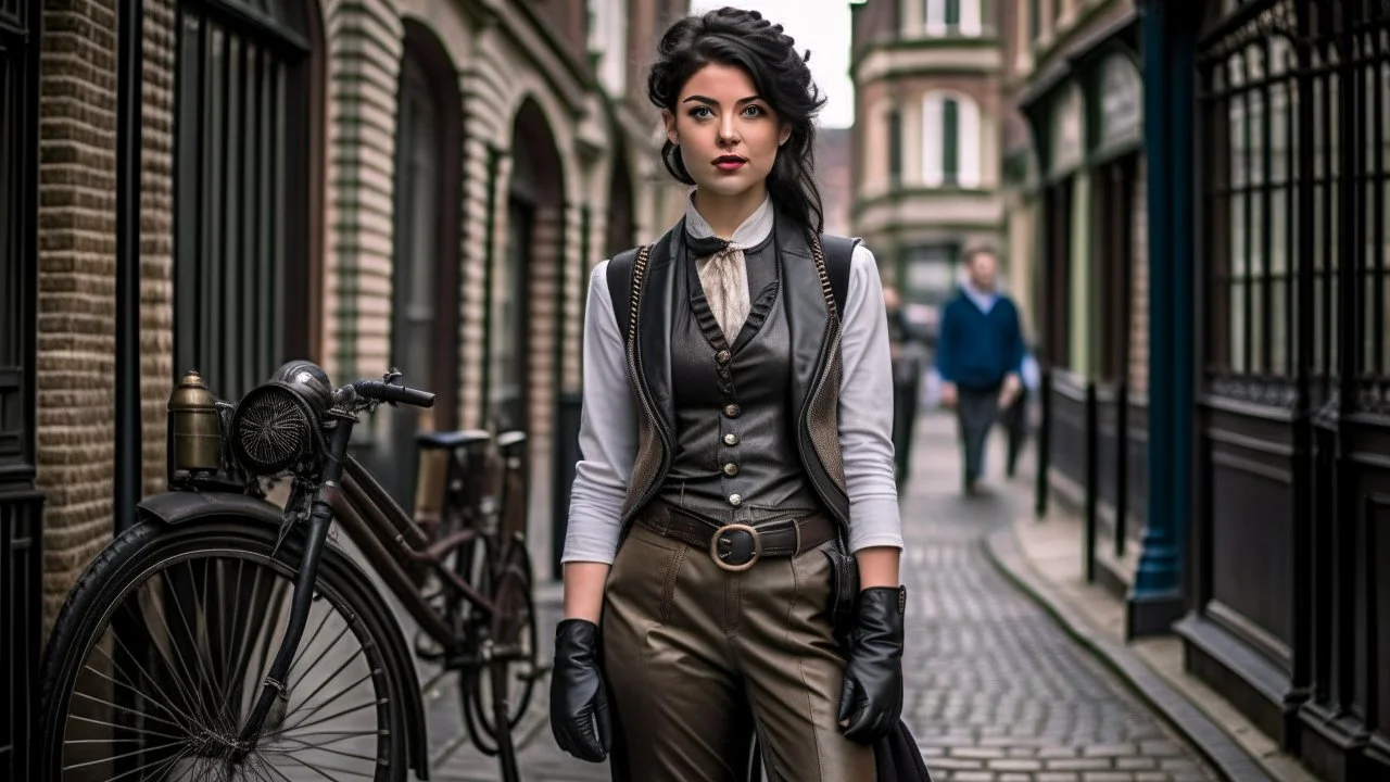 full-height portrait of a woman with straight shoulder-length black hair, with metal arms and legs, dressed in leather trousers, and a waistcoat, in a Victorian street next to a steampunk bike