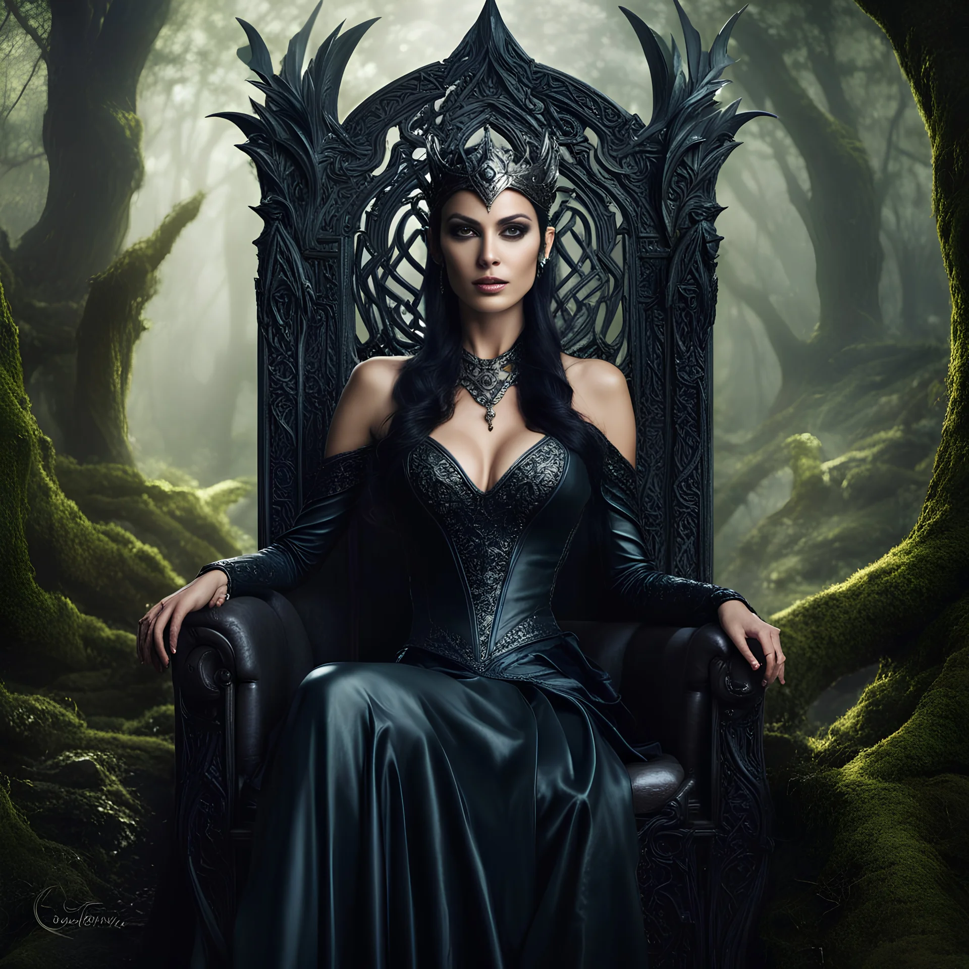 Morena Baccarin as a beautiful sexy dark elf queen seated elegantly on a throne in a mystical forest, dark celtic vignette frame, photo-realistic, cinematic lighting, award-winning photography