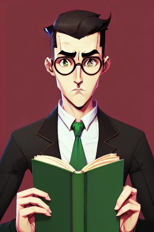 Fit man in round glasses with bookshelf in background,no beard, reading book, slim, tie, monotone, green eyes, comic book style, two tone colours, detailed, ink, realistic, handsome, square jaw, big brows, no jacket, bird on the shoulder, spotlight